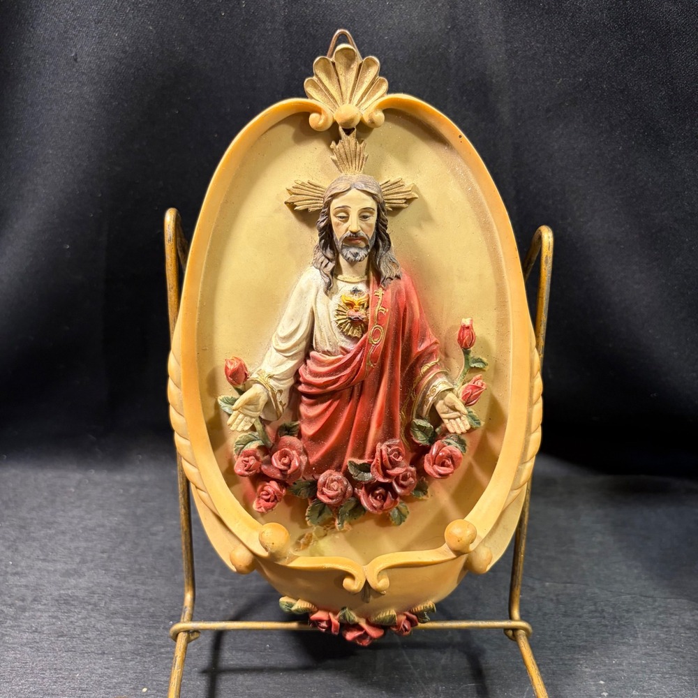 Vintage Sacred Heart of Jesus Holy Water Font Red Roses Religious Wall Stoup